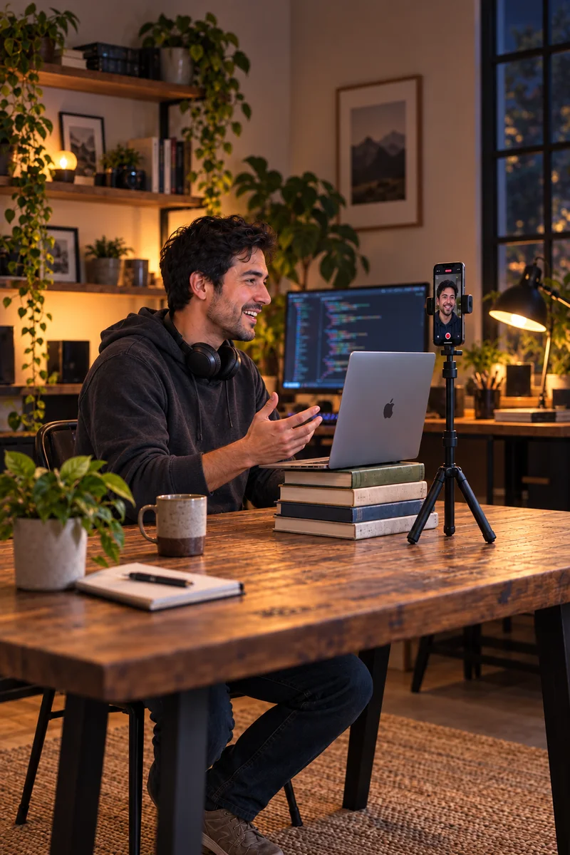 Illustration: an app builder at his desk talking with Remy on his laptop while his phone films him from beside the screen.