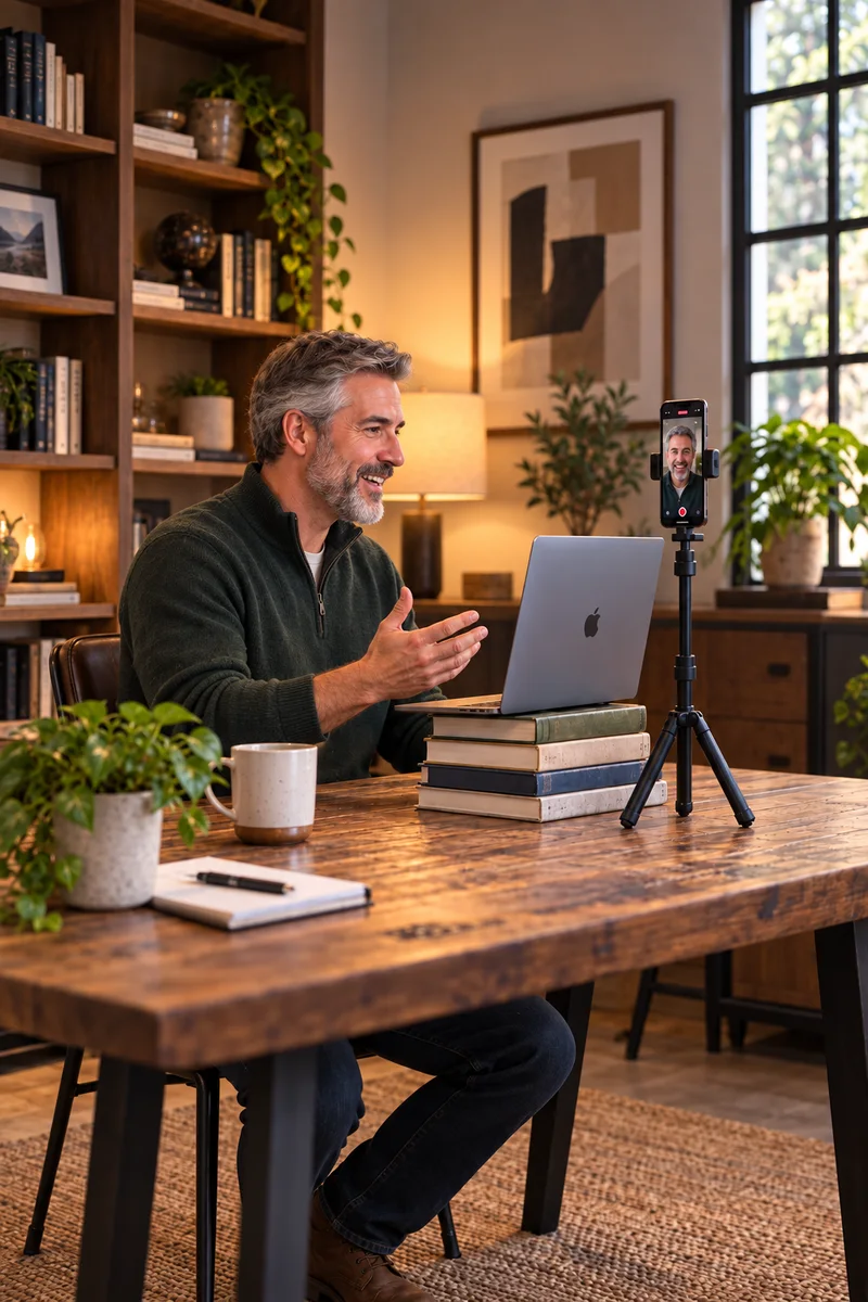 Illustration: a business coach at his desk talking with Remy on his laptop while his phone films him from a small tripod beside the screen.