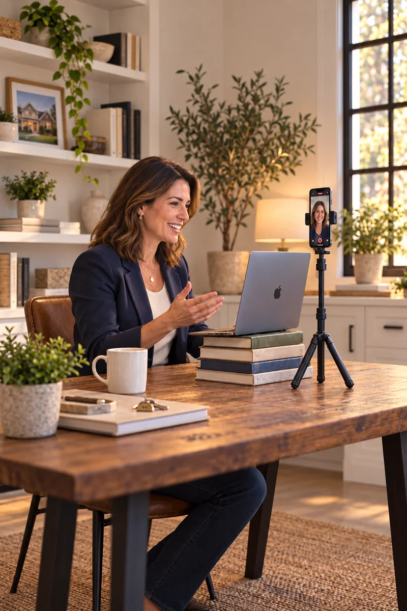 Illustration: a real estate agent at her desk talking with Remy on her laptop while her phone films her from beside the screen.
