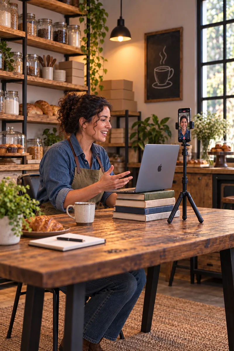 Illustration: a bakery owner at her counter talking with Remy on her laptop while her phone films her from beside the screen.